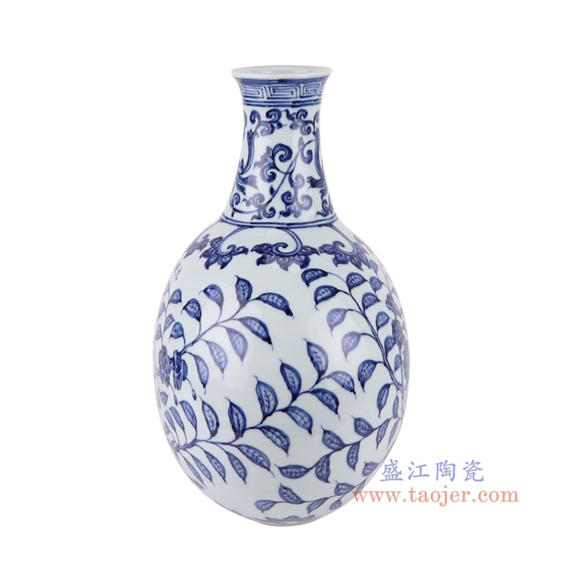 青花花鸟抱月瓶,产品编号:RXAG05 产品尺寸(单位cm): 高32.2直径24.2口径底径9.7重量2.95KG
