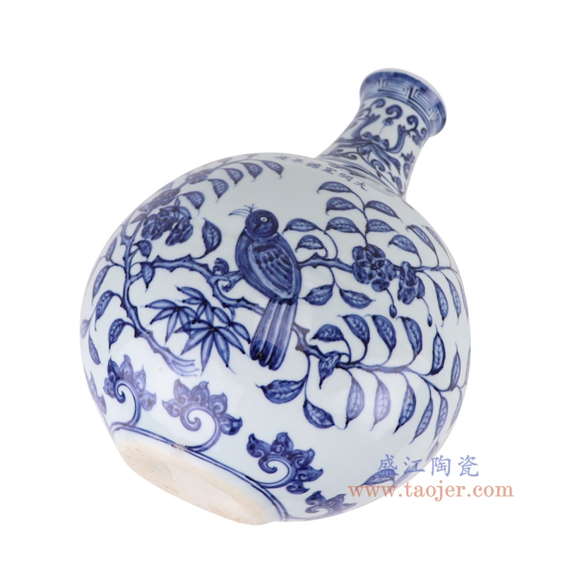 青花花鸟抱月瓶,产品编号:RXAG05 产品尺寸(单位cm): 高32.2直径24.2口径底径9.7重量2.95KG