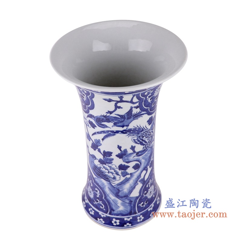 青花花鸟花觚瓶中号,产品编号:RYLU133-M 产品尺寸(单位cm): 高39直径23.5口径底径重量5.3KG
