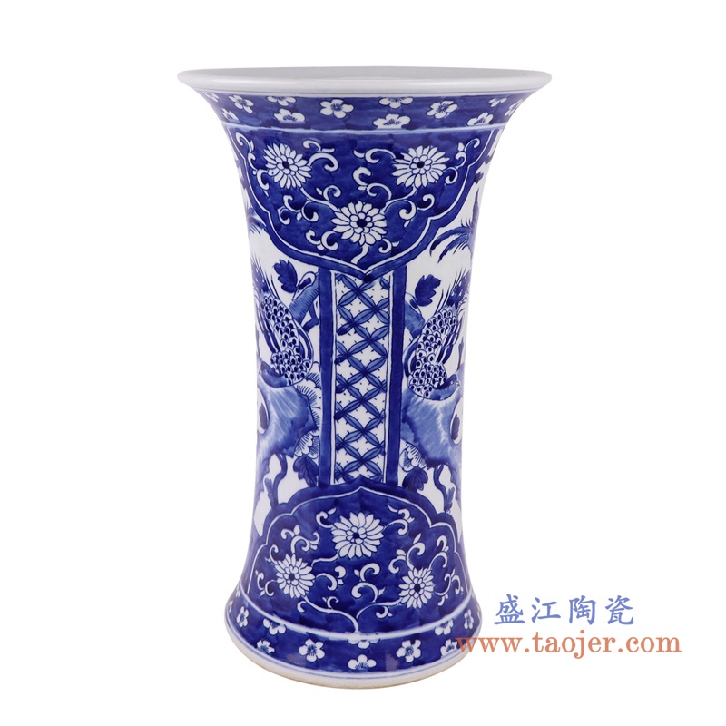 青花花鸟花觚瓶中号,产品编号:RYLU133-M 产品尺寸(单位cm): 高39直径23.5口径底径重量5.3KG
