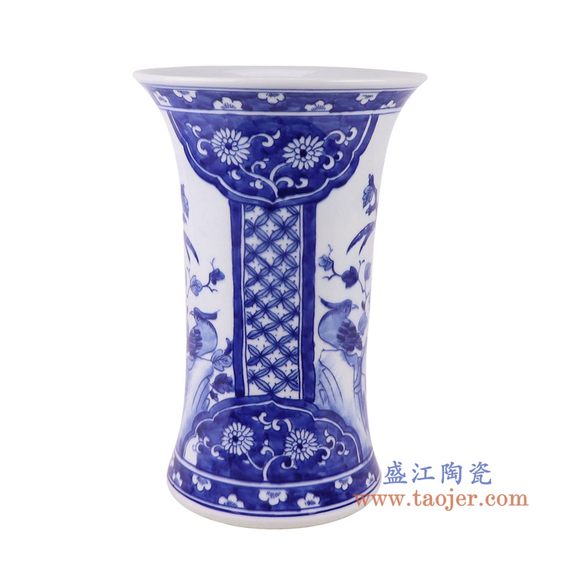 青花花鸟花觚瓶小号,产品编号:RYLU133-S 产品尺寸(单位cm): 高28直径18.4口径底径重量2.3KG