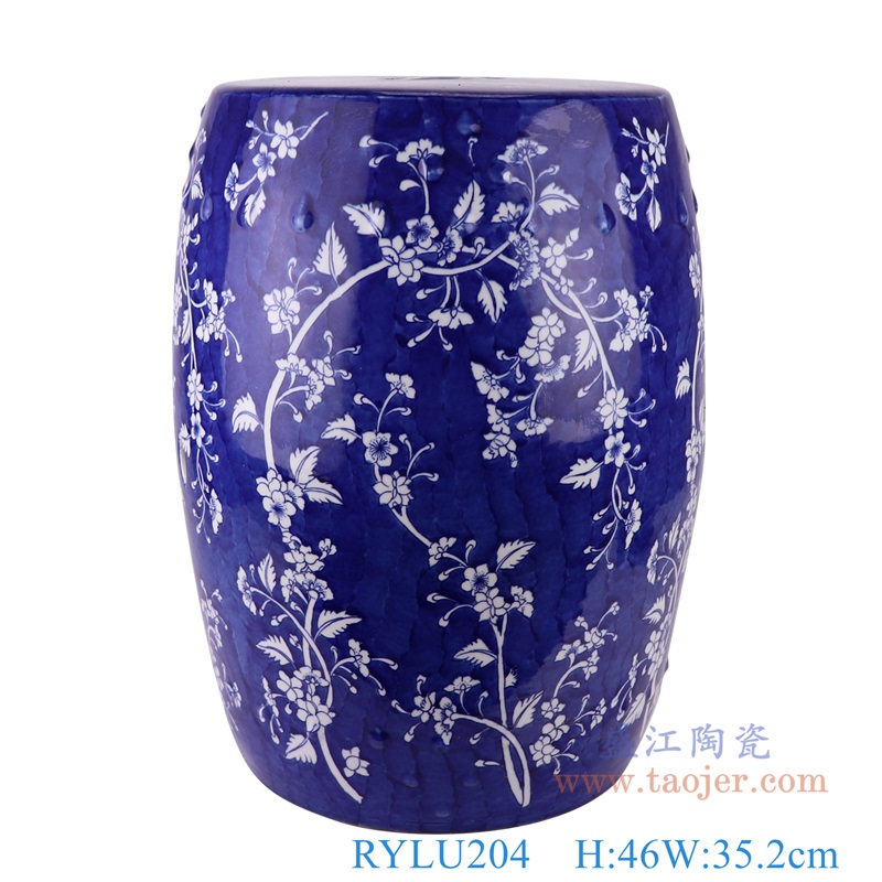 青花蓝底花卉凉墩凳子,产品编号:RYLU204 产品尺寸(单位cm): 高46直径35.2口径底径重量KG
