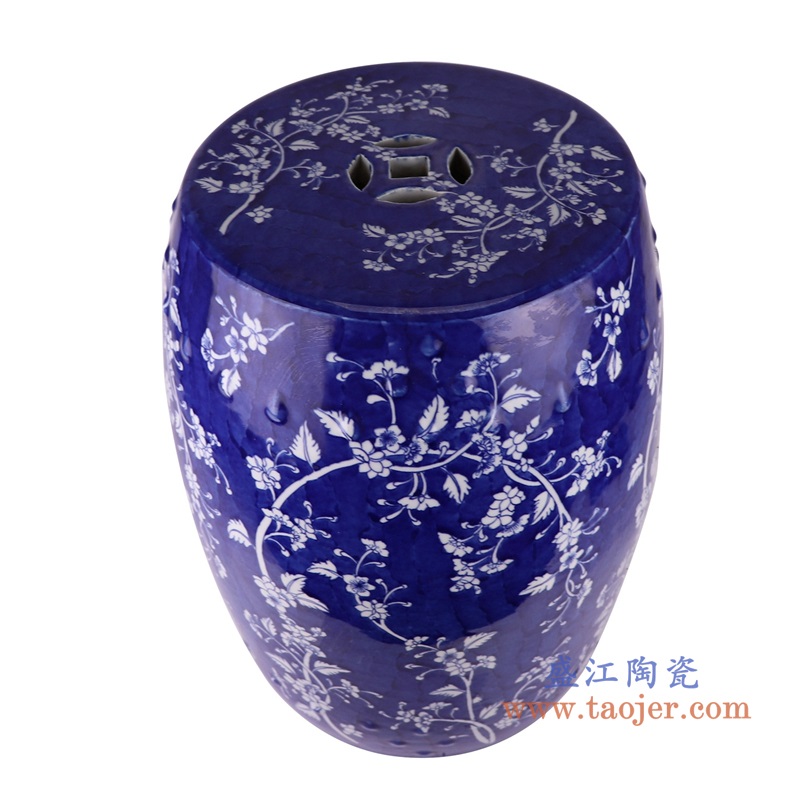青花蓝底花卉凉墩凳子,产品编号:RYLU204 产品尺寸(单位cm): 高46直径35.2口径底径重量KG