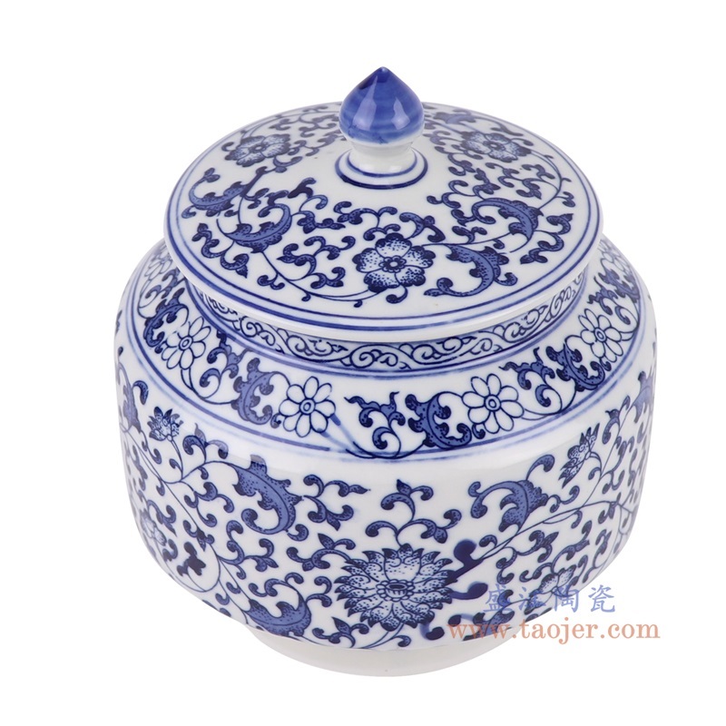 青花缠枝莲茶叶罐,产品编号:RZBG14 产品尺寸(单位cm): 高18.5直径16.2口径底径10.9重量1.25KG