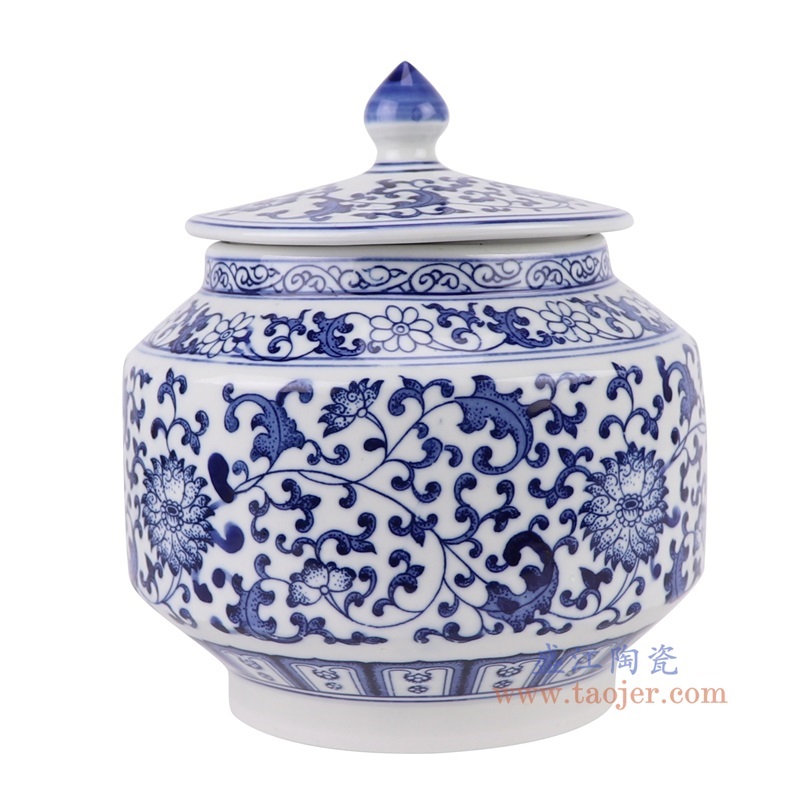 青花缠枝莲茶叶罐,产品编号:RZBG14 产品尺寸(单位cm): 高18.5直径16.2口径底径10.9重量1.25KG