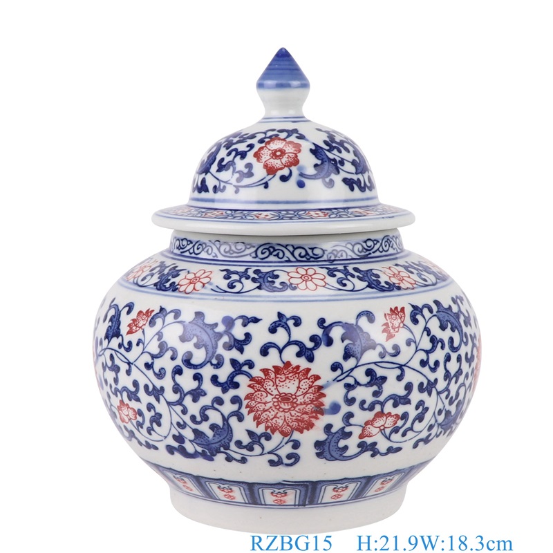 青花釉里红缠枝莲将军坛茶叶罐,产品编号:RZBG15 产品尺寸(单位cm): 高21.9直径18.3口径底径11.1重量1.65KG青花釉里红缠枝莲将军坛茶叶罐,产品编号:RZBG15 产品尺寸(单位cm): 高21.9直径18.3口径底径11.1重量1.65KG