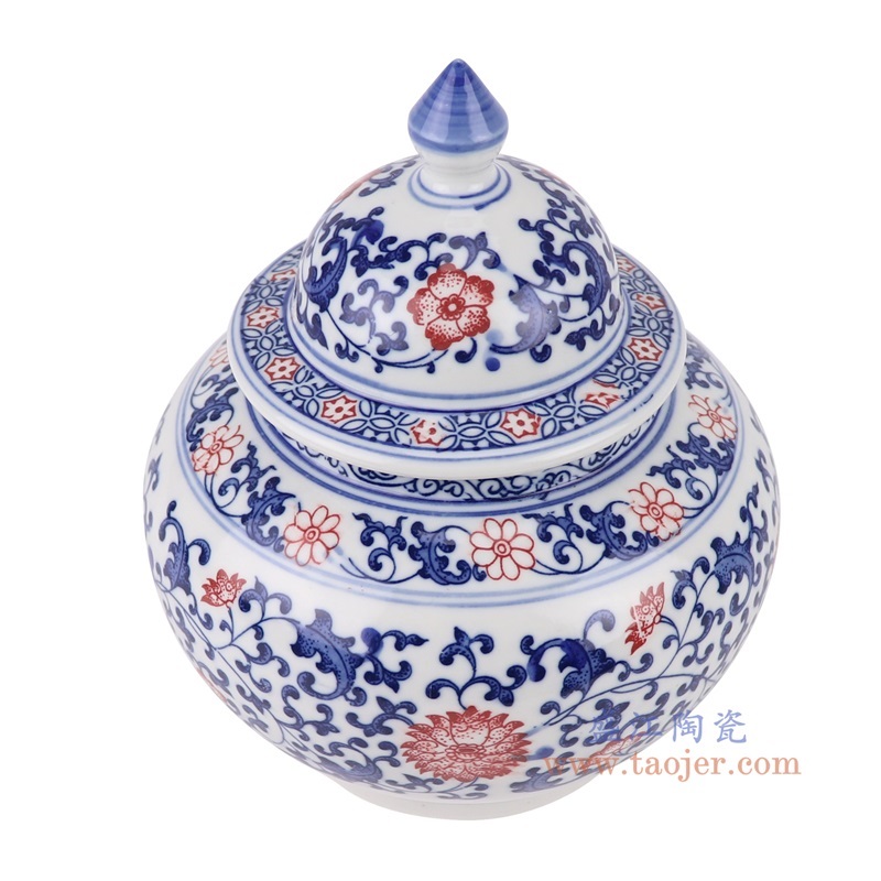 青花釉里红缠枝莲将军坛茶叶罐,产品编号:RZBG15 产品尺寸(单位cm): 高21.9直径18.3口径底径11.1重量1.65KG