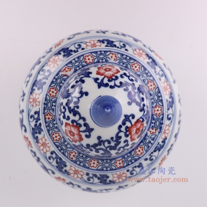 青花釉里红缠枝莲将军坛茶叶罐,产品编号:RZBG15 产品尺寸(单位cm): 高21.9直径18.3口径底径11.1重量1.65KG