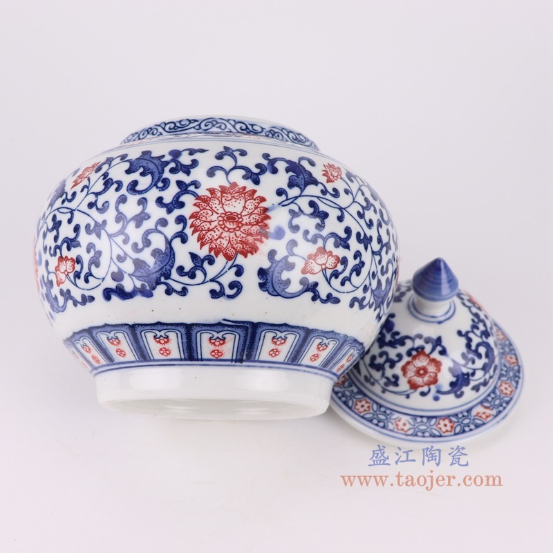 青花釉里红缠枝莲将军坛茶叶罐,产品编号:RZBG15 产品尺寸(单位cm): 高21.9直径18.3口径底径11.1重量1.65KG