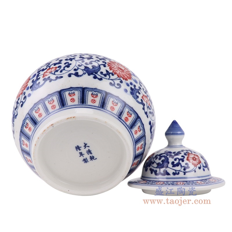 青花釉里红缠枝莲将军坛茶叶罐,产品编号:RZBG15 产品尺寸(单位cm): 高21.9直径18.3口径底径11.1重量1.65KG