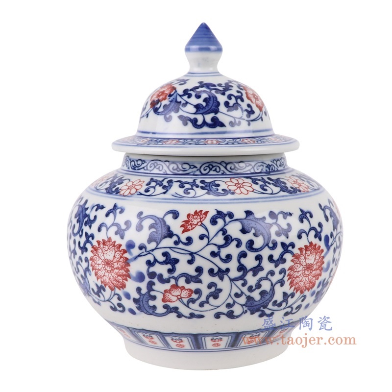 青花釉里红缠枝莲将军坛茶叶罐,产品编号:RZBG15 产品尺寸(单位cm): 高21.9直径18.3口径底径11.1重量1.65KG