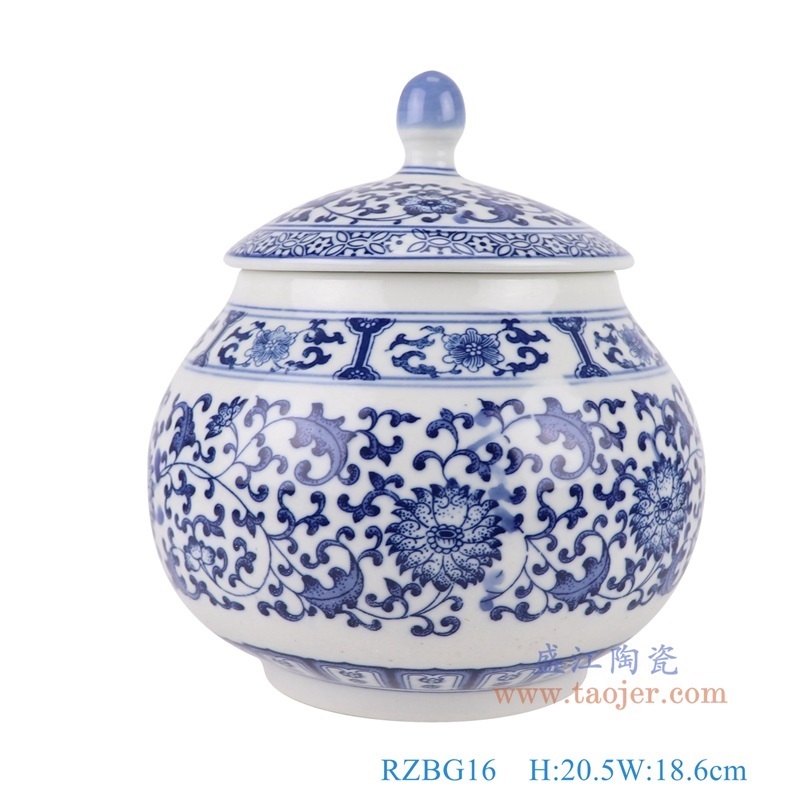 青花缠枝莲茶叶罐,产品编号:RZBG16 产品尺寸(单位cm): 高20.5直径18.6口径底径10.6重量1.45KG