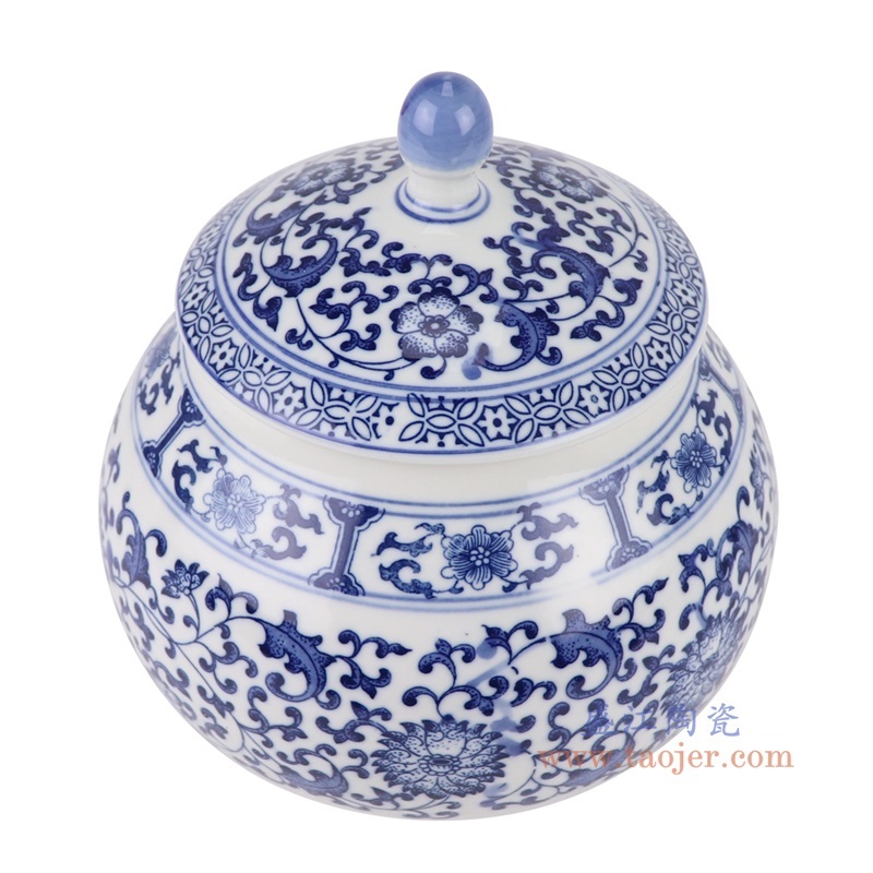青花缠枝莲茶叶罐,产品编号:RZBG16 产品尺寸(单位cm): 高20.5直径18.6口径底径10.6重量1.45KG