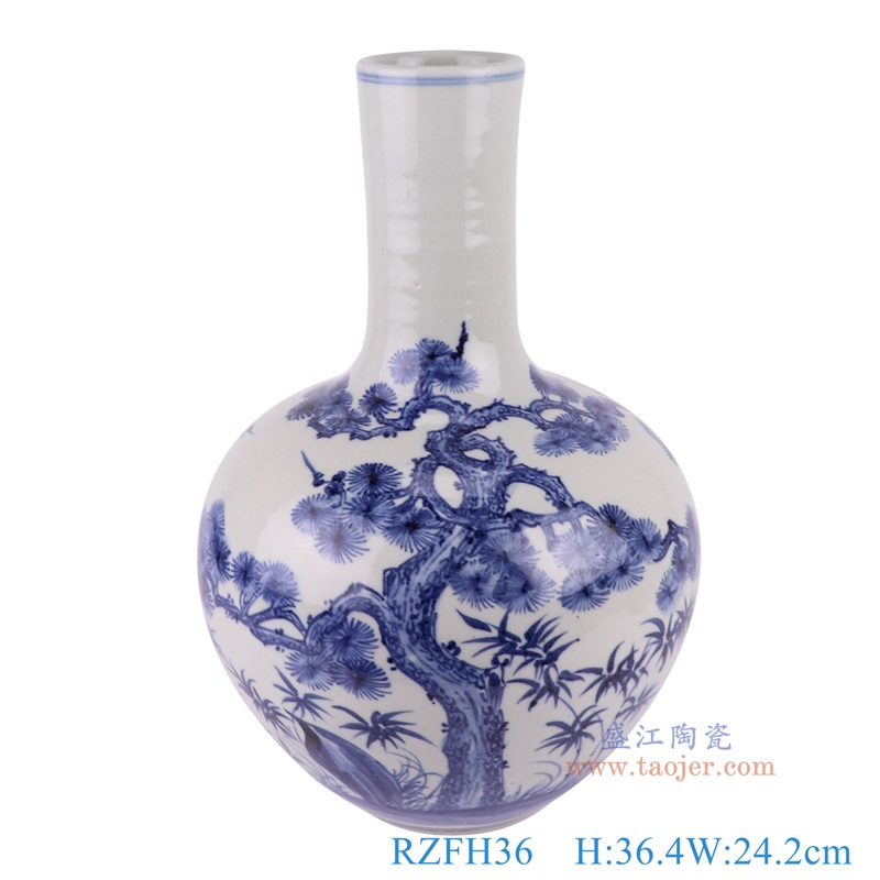 青瓜松鹤纹天球瓶,产品编号:RZFH36 产品尺寸(单位cm): 高36.4直径24.2口径底径10.4重量3.5KG