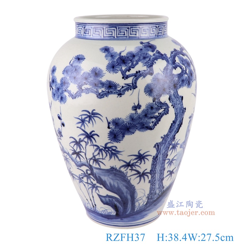 青花松竹梅花鹿纹大罐,产品编号:RZFH37 产品尺寸(单位cm): 高38.4直径27.5口径底径14.7重量5.7KG
