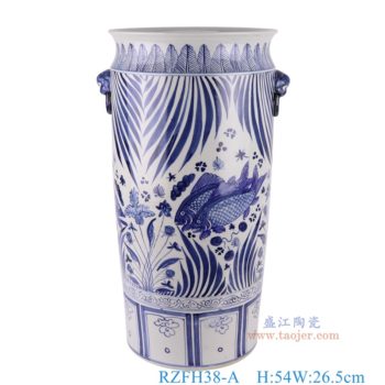 RZFH38-A    青花鱼藻纹双狮子头耳箭筒   高54直径26.5口径底径重量12KG