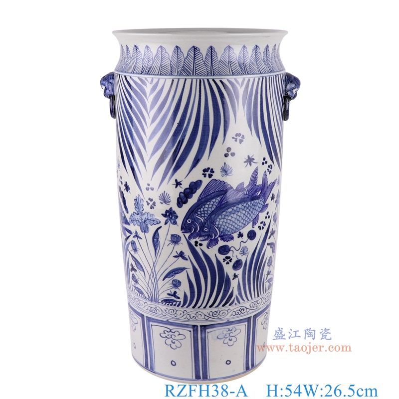 青花鱼藻纹双狮子头耳箭筒,产品编号:RZFH38-A 产品尺寸(单位cm): 高54直径26.5口径底径重量12KG