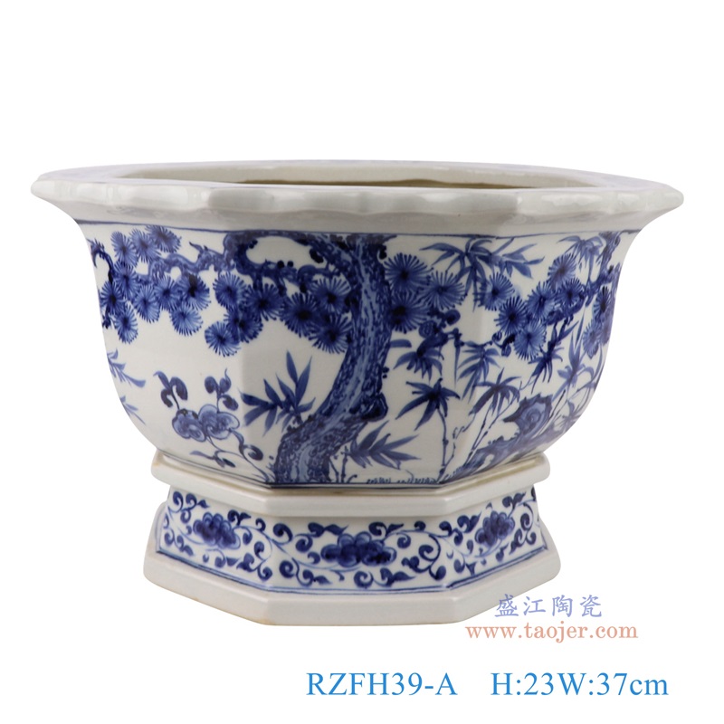 青花仙鹤松竹梅纹八边花口花盆,产品编号:RZFH39-A 产品尺寸(单位cm): 高23直径37口径底径25.5重量6KG
