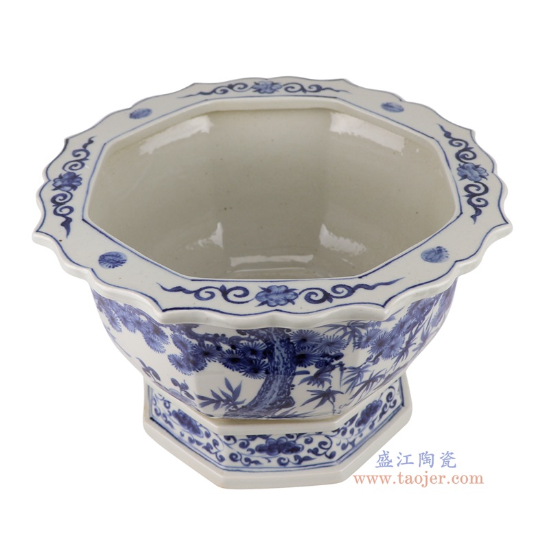 青花仙鹤松竹梅纹八边花口花盆,产品编号:RZFH39-A 产品尺寸(单位cm): 高23直径37口径底径25.5重量6KG