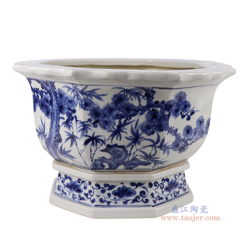 青花仙鹤松竹梅纹八边花口花盆,产品编号:RZFH39-A 产品尺寸(单位cm): 高23直径37口径底径25.5重量6KG