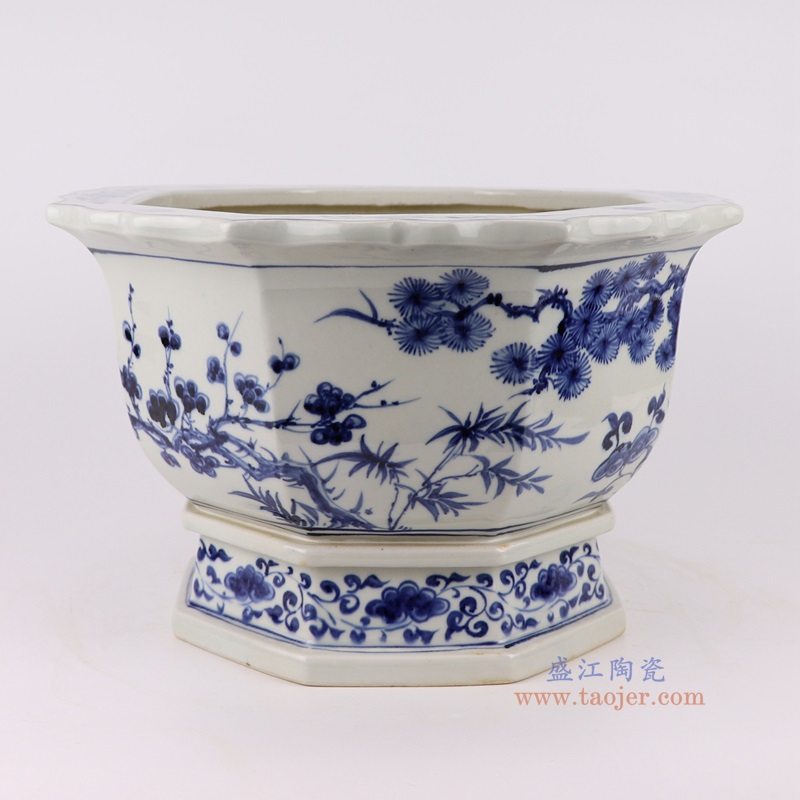 青花仙鹤松竹梅纹八边花口花盆,产品编号:RZFH39-A 产品尺寸(单位cm): 高23直径37口径底径25.5重量6KG