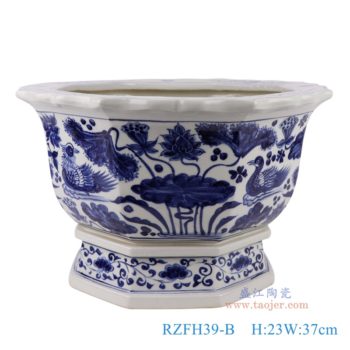 RZFH39-B   青花荷花鸳鸯戏水纹八边花口花盆     高23直径37口径底径25.5重量6KG
