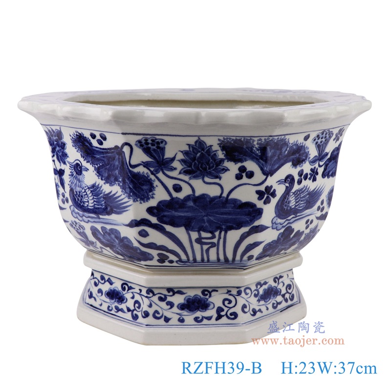 青花荷花鸳鸯戏水纹八边花口花盆,产品编号:RZFH39-B 产品尺寸(单位cm): 高23直径37口径底径25.5重量6KG