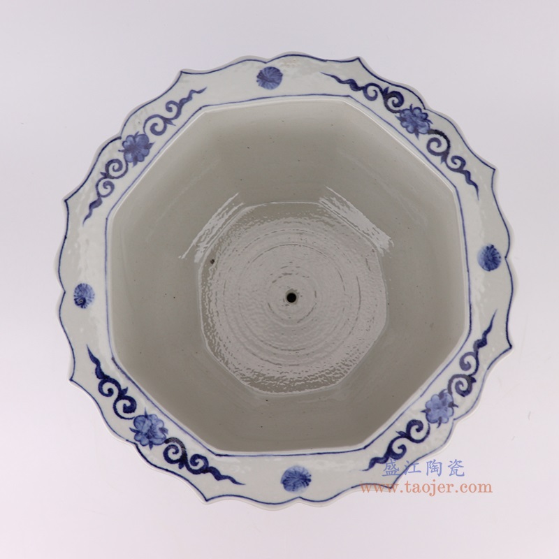 青花荷花鸳鸯戏水纹八边花口花盆,产品编号:RZFH39-B 产品尺寸(单位cm): 高23直径37口径底径25.5重量6KG