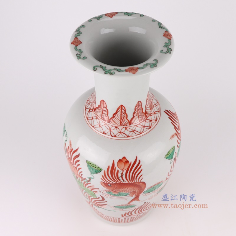 红绿斗彩鱼藻纹长颈瓶,产品编号:RZHD06 产品尺寸(单位cm): 高43.5直径21.5口径底径14.5重量3.75KG