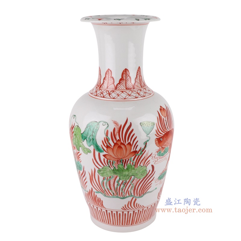 红绿斗彩鱼藻纹长颈瓶,产品编号:RZHD06 产品尺寸(单位cm): 高43.5直径21.5口径底径14.5重量3.75KG
