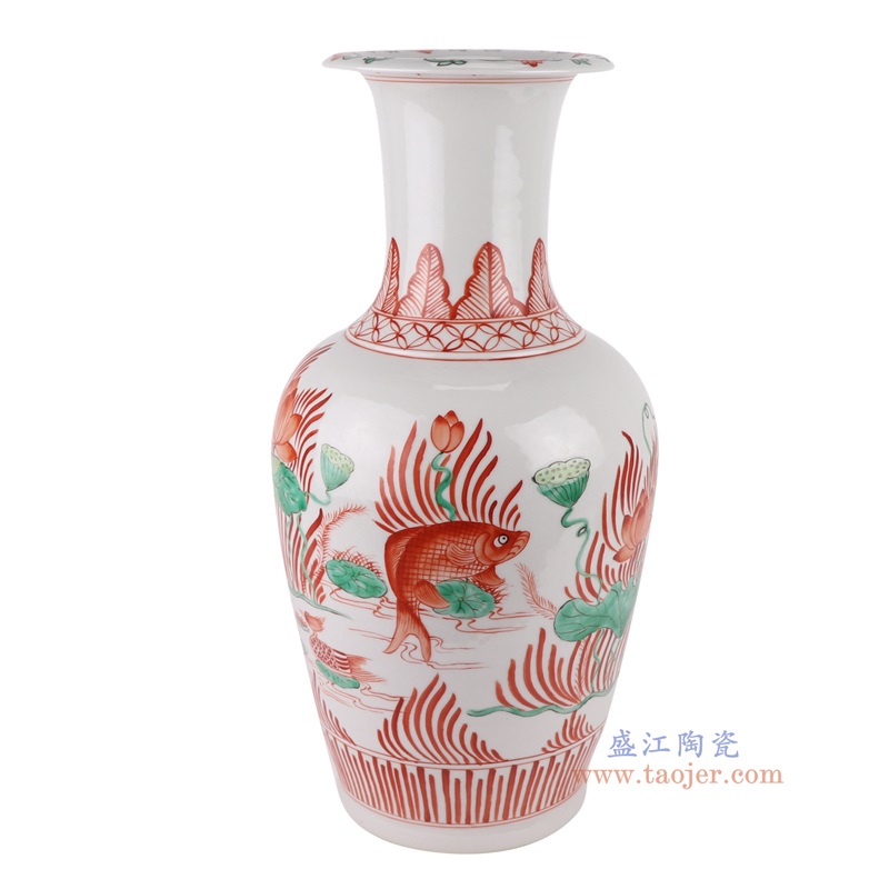 红绿斗彩鱼藻纹长颈瓶,产品编号:RZHD06 产品尺寸(单位cm): 高43.5直径21.5口径底径14.5重量3.75KG