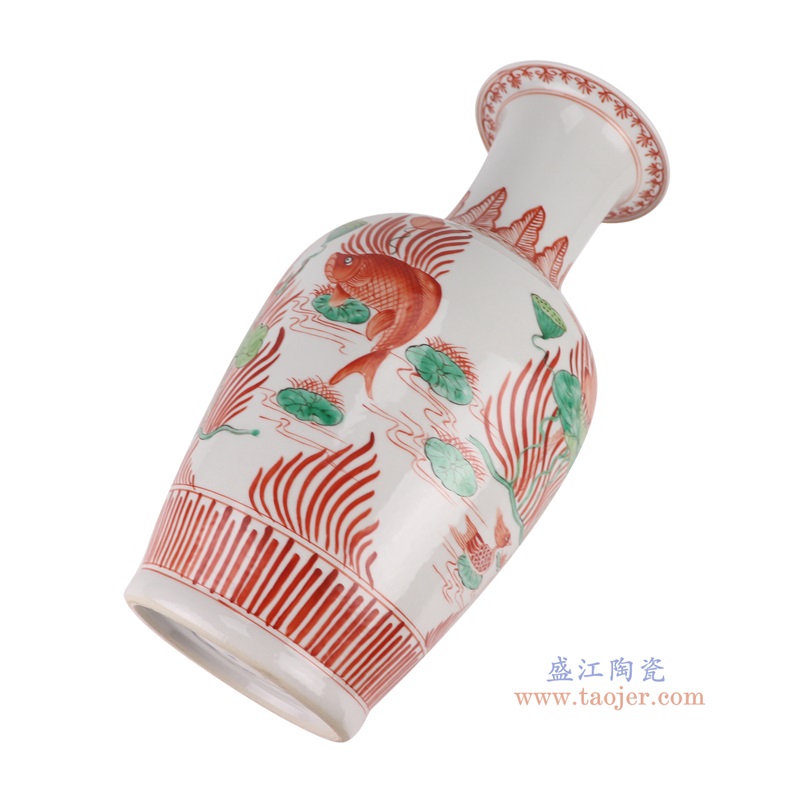 红绿斗彩鱼藻纹长颈瓶，产品编号：RZHD06       产品尺寸(单位cm):  高43.5直径21.5口径底径14.5重量3.75KG