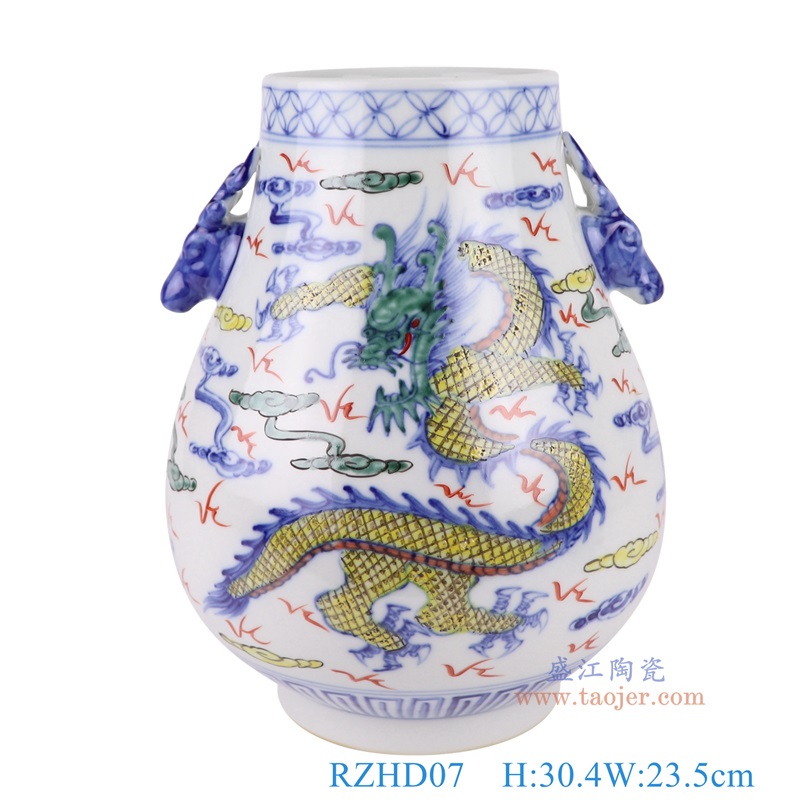 五彩鹿耳龙纹福桶瓶,产品编号:RZHD07 产品尺寸(单位cm): 高30.4直径23.5口径底径13.6重量3.1KG