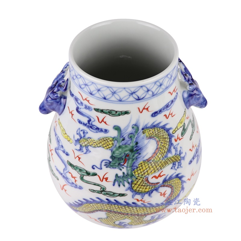五彩鹿耳龙纹福桶瓶,产品编号:RZHD07 产品尺寸(单位cm): 高30.4直径23.5口径底径13.6重量3.1KG