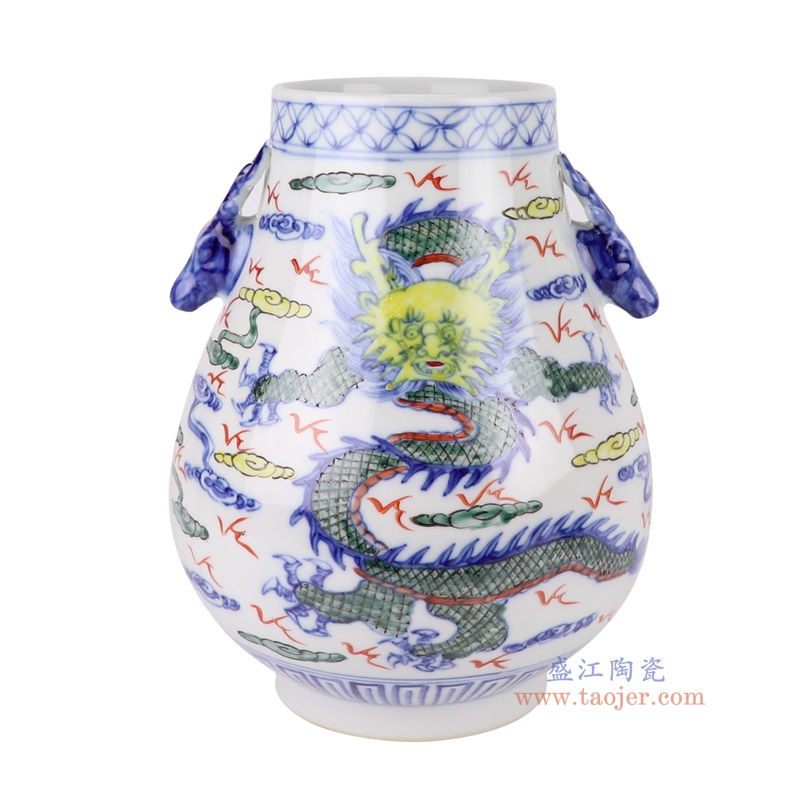 五彩鹿耳龙纹福桶瓶,产品编号:RZHD07 产品尺寸(单位cm): 高30.4直径23.5口径底径13.6重量3.1KG