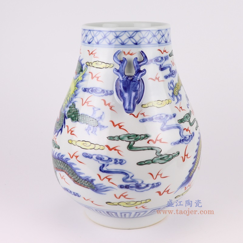 五彩鹿耳龙纹福桶瓶,产品编号:RZHD07 产品尺寸(单位cm): 高30.4直径23.5口径底径13.6重量3.1KG