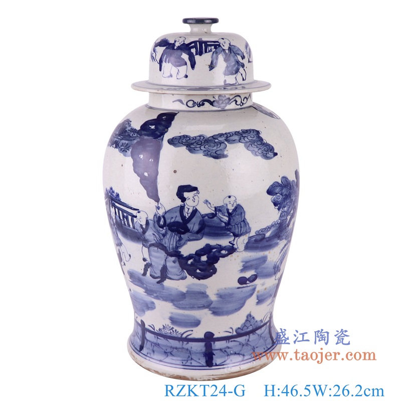 青花人物仕女童子将军罐,产品编号:RZKT24-H 产品尺寸(单位cm): 高46.5直径26.2口径底径21.8重量6.6KG
