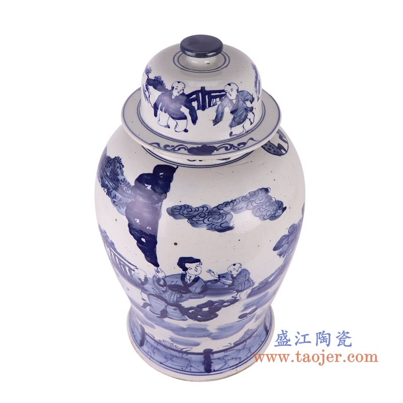 青花人物仕女童子将军罐,产品编号:RZKT24-H 产品尺寸(单位cm): 高46.5直径26.2口径底径21.8重量6.6KG