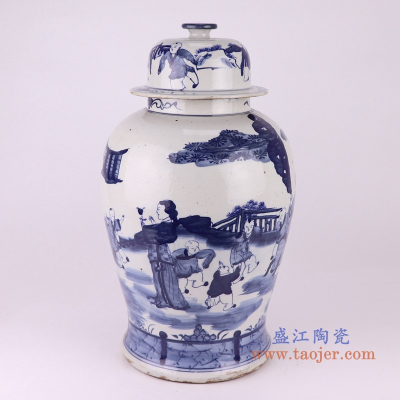 青花人物仕女童子将军罐,产品编号:RZKT24-H 产品尺寸(单位cm): 高46.5直径26.2口径底径21.8重量6.6KG