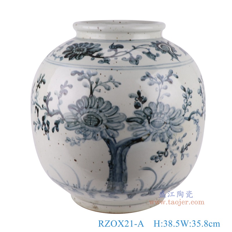 仿古青花太阳花卉坛罐子,产品编号:RZOX21-A 产品尺寸(单位cm): 高38.5直径35.8口径底径20重量10.85KG