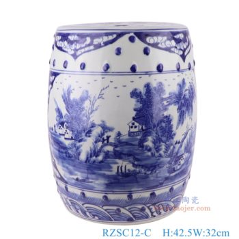 RZSC12-C  青花山水鼓凳凉墩，     高42.5直径32口径底径25.5重量10KG