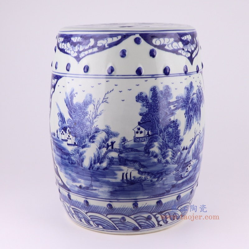 青花山水鼓凳凉墩,产品编号:RZSC12-C 产品尺寸(单位cm): 高42.5直径32口径底径25.5重量10KG