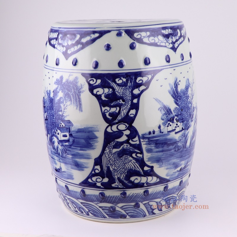 青花山水鼓凳凉墩,产品编号:RZSC12-C 产品尺寸(单位cm): 高42.5直径32口径底径25.5重量10KG