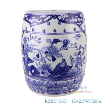 RZSC12-D   青花开窗锦鸡花鸟鼓凳凉墩     高42.5直径32口径底径25.5重量10KG