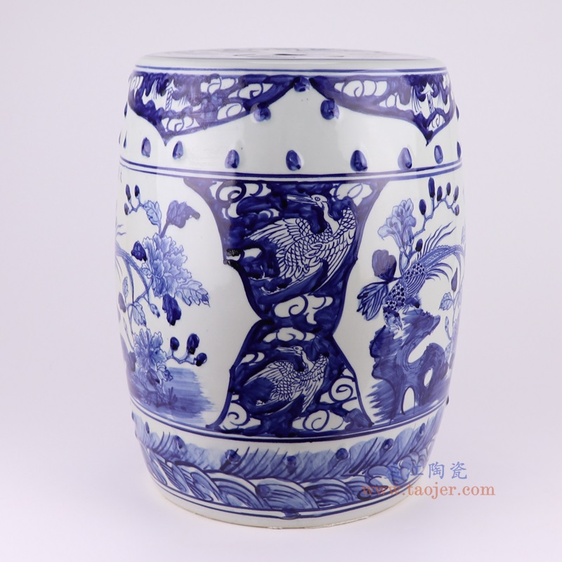 青花开窗锦鸡花鸟鼓凳凉墩,产品编号:RZSC12-D 产品尺寸(单位cm): 高42.5直径32口径底径25.5重量10KG
