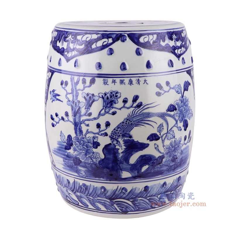 青花开窗锦鸡花鸟鼓凳凉墩,产品编号:RZSC12-D 产品尺寸(单位cm): 高42.5直径32口径底径25.5重量10KG