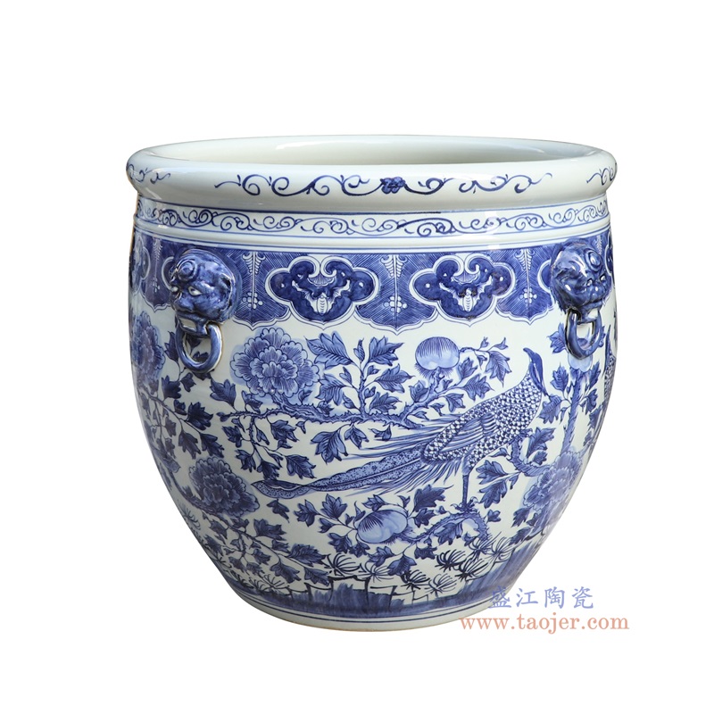 青花锦鸡花鸟狮子耳大缸,产品编号:RZSC44-B 产品尺寸(单位cm): 高53.5直径60口径底径重量KG