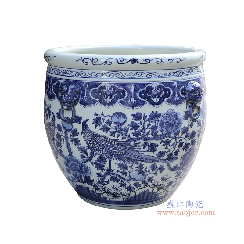 青花锦鸡花鸟狮子耳大缸,产品编号:RZSC44-B 产品尺寸(单位cm): 高53.5直径60口径底径重量KG
