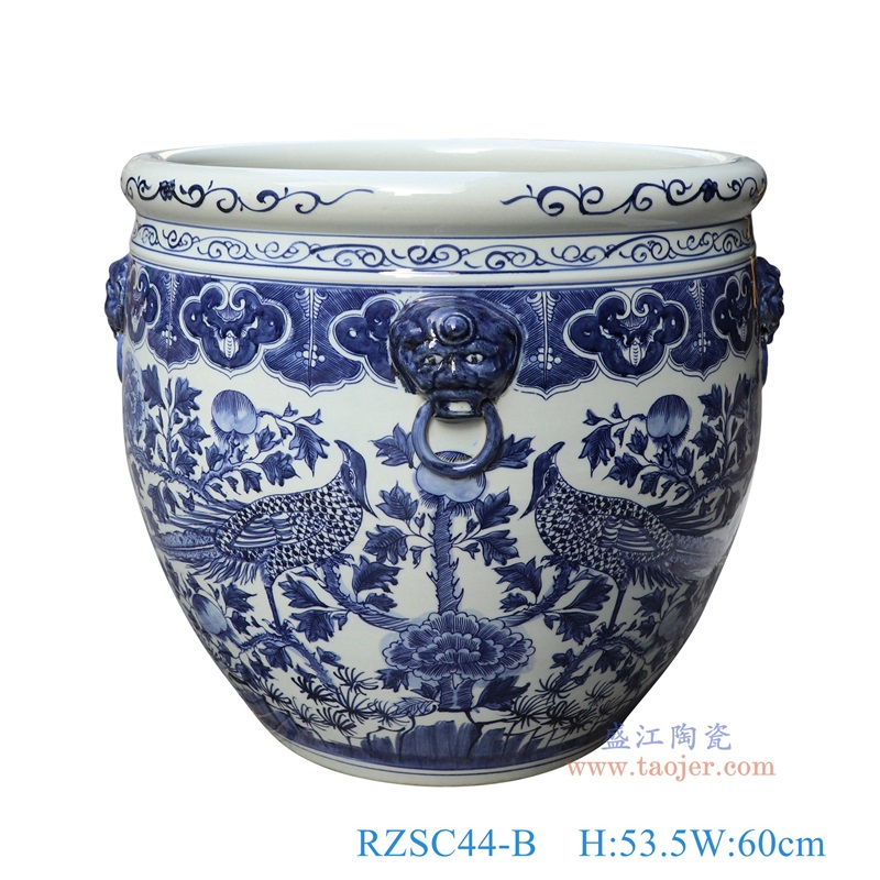 青花锦鸡花鸟狮子耳大缸,产品编号:RZSC44-B 产品尺寸(单位cm): 高53.5直径60口径底径重量KG