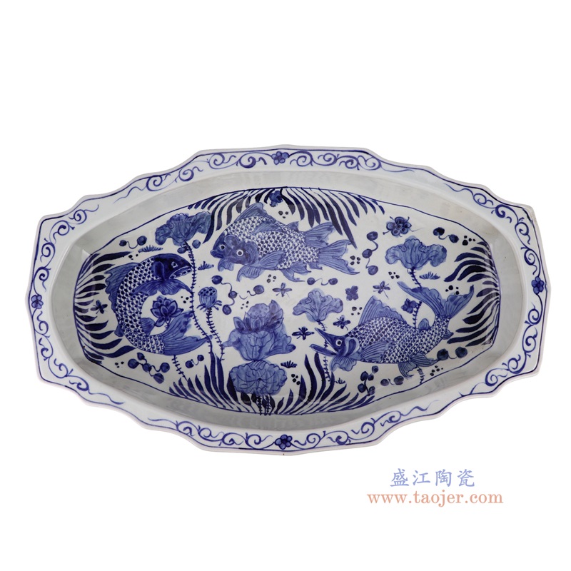 青花鱼藻纹花口长方形盘子,产品编号:RZSC45 产品尺寸(单位cm): 高10直径64.3口径底径57.5重量9KG